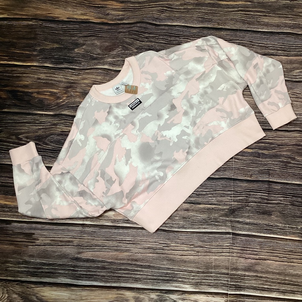 1559. Adidas Pink Grey & White Cropped Sweatshirt EUC Size XL